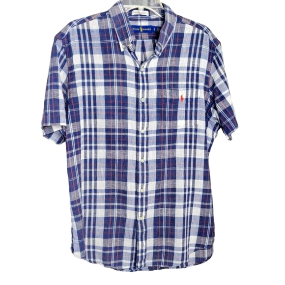Ralph Lauren Mens Button Up Shirt Size L Blue Red White Plaid Short Sleeves‎ - Picture 1 of 6